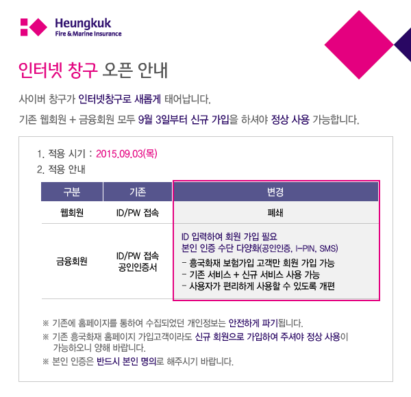 인터넷창구 오픈 안내입니다. 자세항 내용은 다음 대체텍스트를 참고