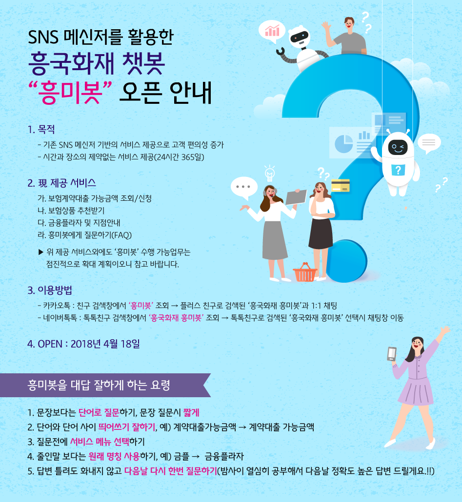 SNS 메신저를 활용한 흥국화재 챗봇 “흥미봇” 오픈 안내 자세한 사항은 다음 대체텍스트를 참조