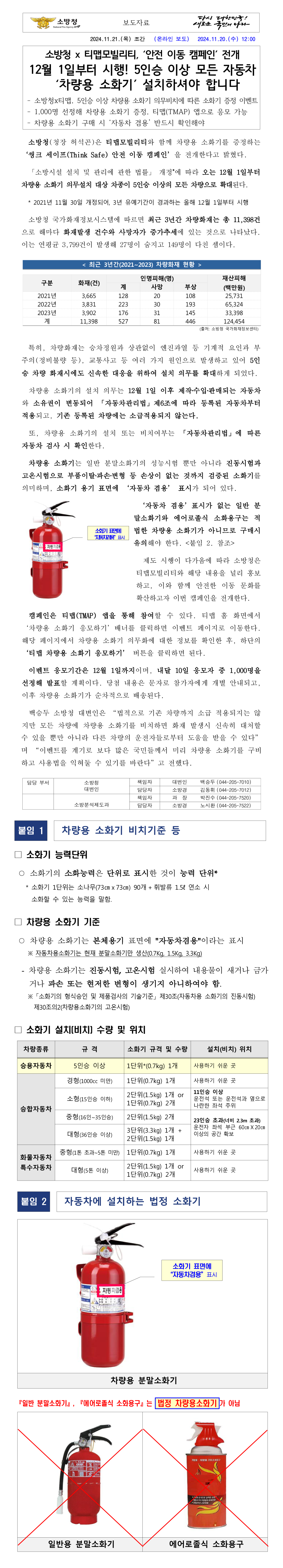 5인승 이상 모든 자동차 차량용 소화기 설치