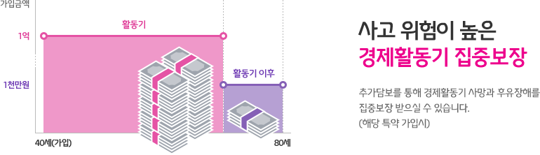 사고 위험이 높은 경제활동기 집중보장: 추가담보를 통해 경제활동기 사망과 후유장해를 집중보장 받으실 수 있습니다.(해당 특약 가입시), 40세(가입) 활동기 1억, 80세 활동기 이후 1천만원